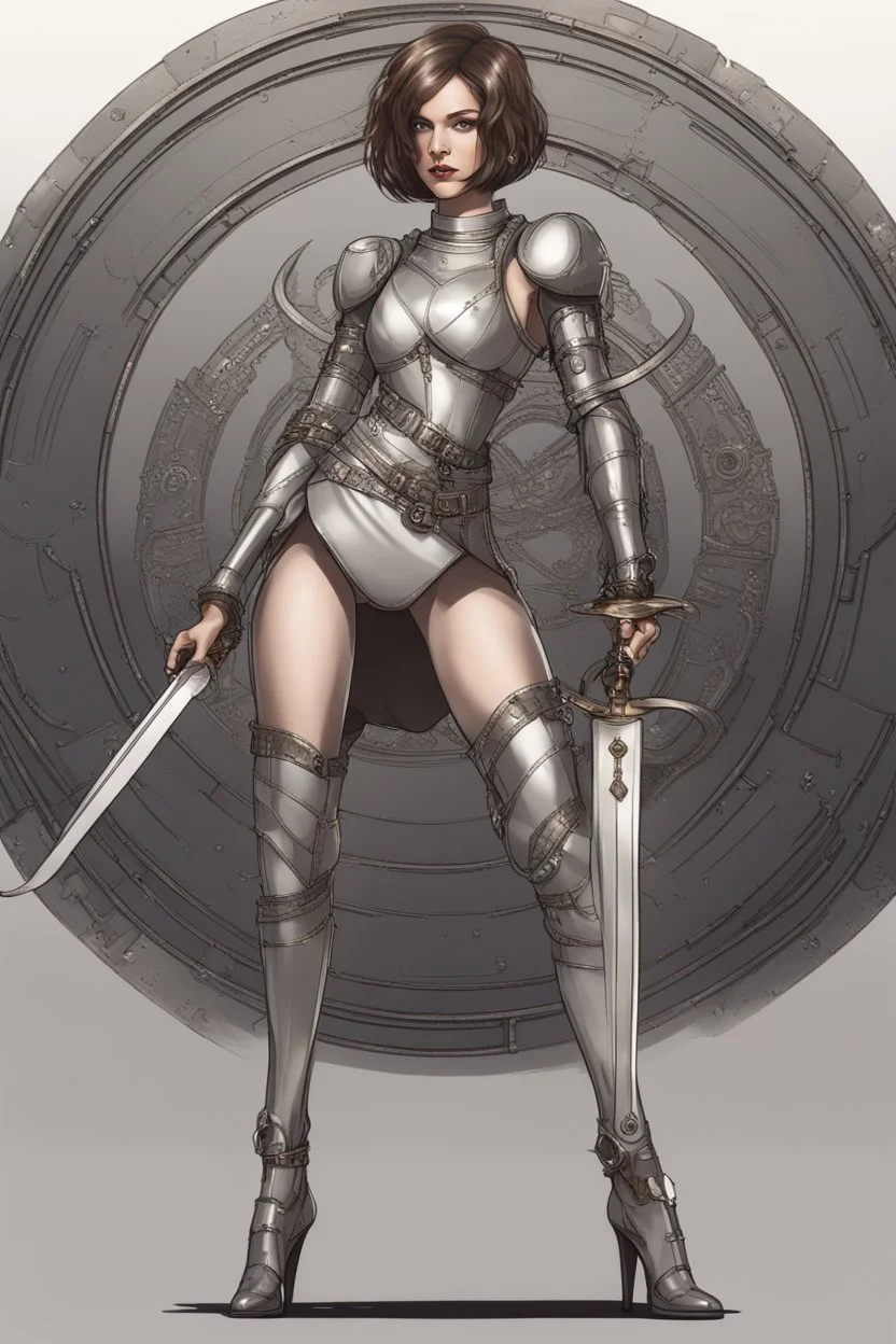 full body picture of a skinny woman with a bob, in silver armour, holding a curved sword, futuristic steampunk background