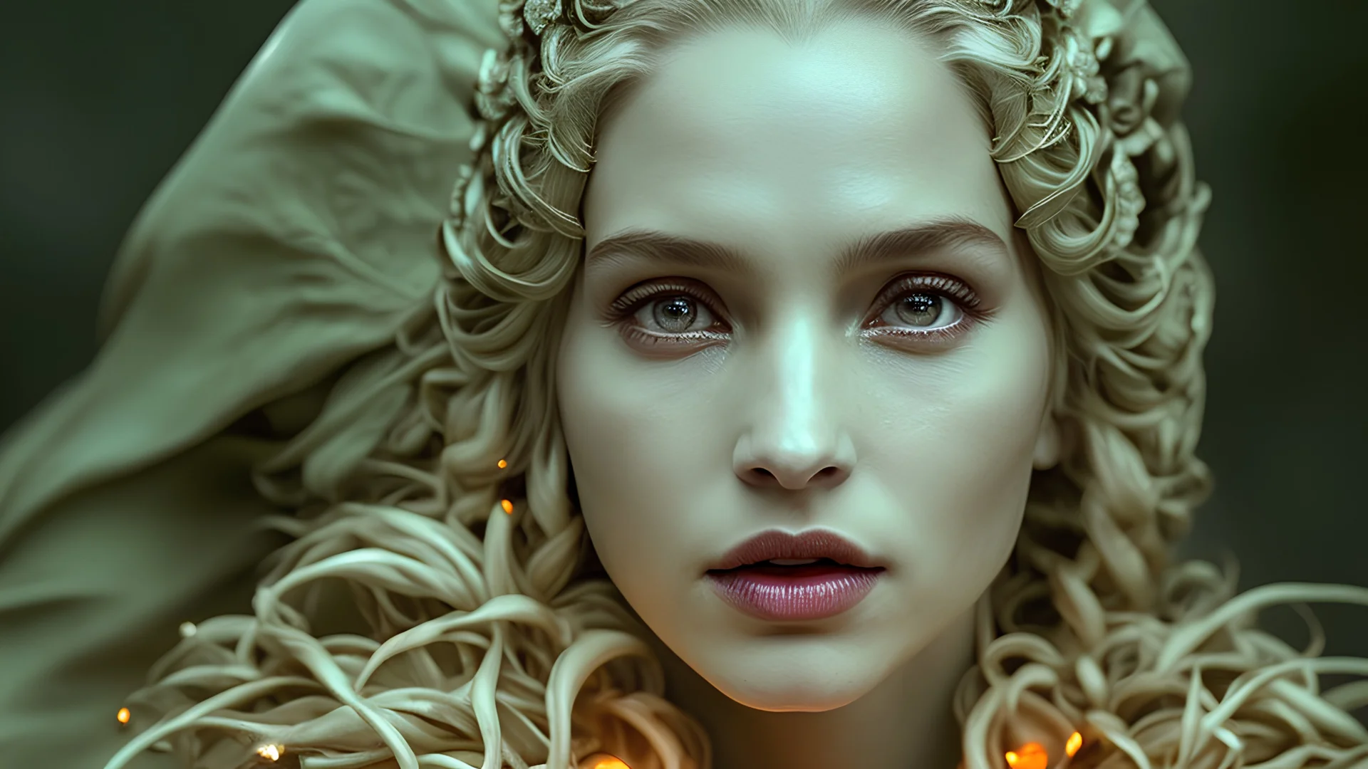 photoreal extreme close-up of a laughing thirty-year-old gorgeous Guardian high priestess of the Eladrin with leather skin with mystical eyes looking like gina carano wearing green and orange garments in an enchanted golden forest at dawn by lee jeffries, otherworldly creature, in the style of fantasy movies, photorealistic, shot on Hasselblad h6d-400c, zeiss prime lens, bokeh like f/0.8, tilt-shift lens 8k, high detail, smooth render, unreal engine 5, cinema 4d, HDR, dust effect, vivid colors