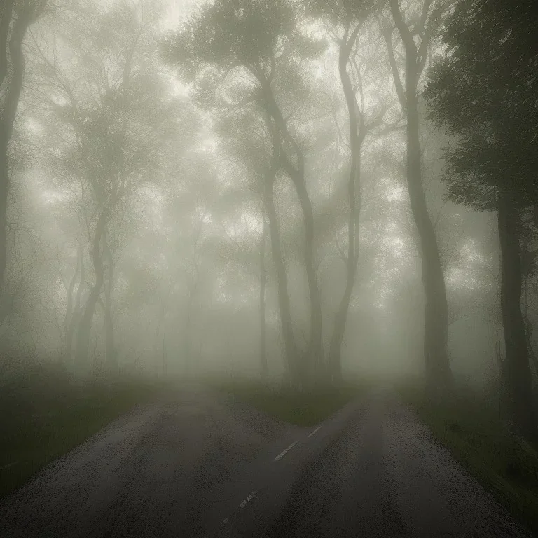 long road in the middle of the forest, with fog, cloudy day with rain, distant old church