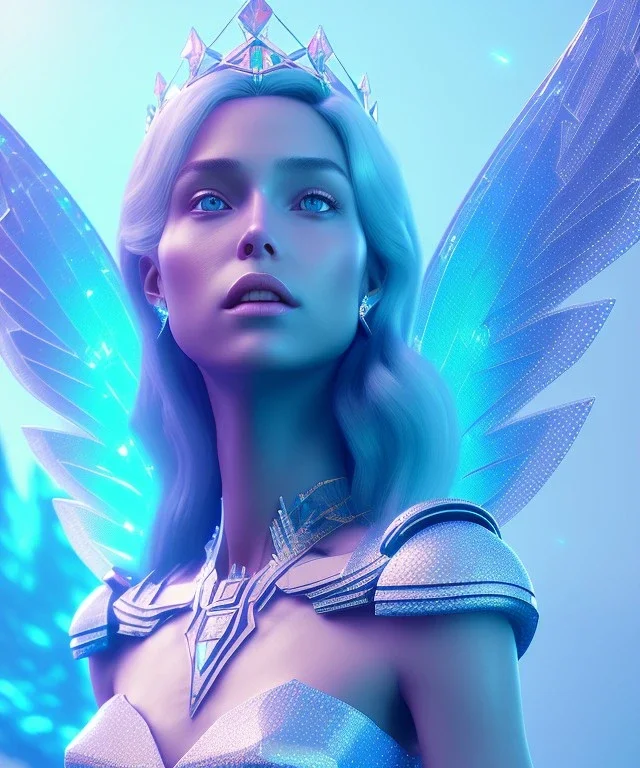 A crystalised queen, atmospheric, realistic, unreal engine, cinematic lighting, octane render. blue, pink, transparency, light, shine,bright, full body, transparent wings, blonde, long hair, nice smile