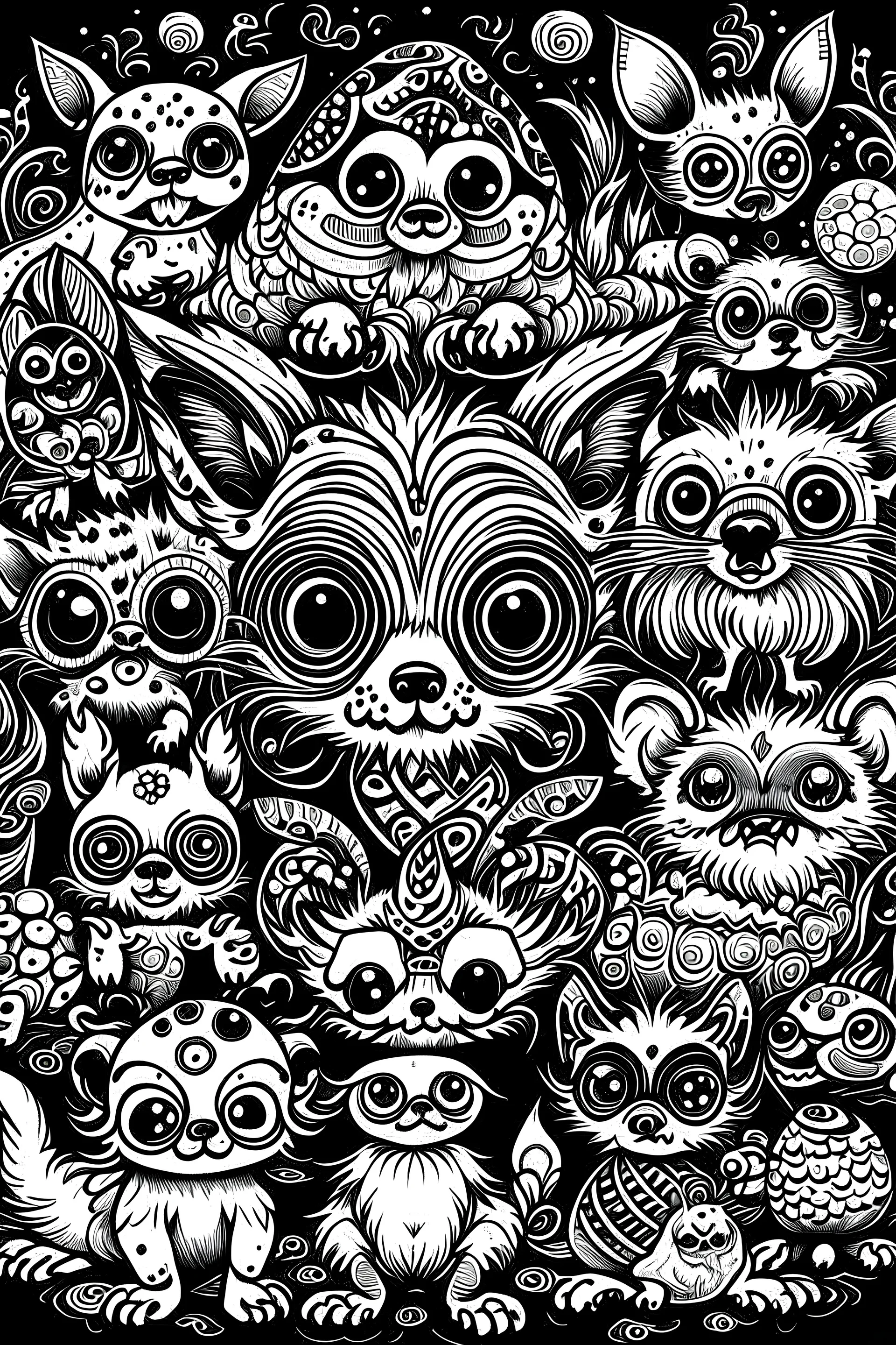 outline a cute scaring lot animals for a front-page book, , mandala, half body, only use online, beautiful art art, black background, no shadows a clear and well outline.