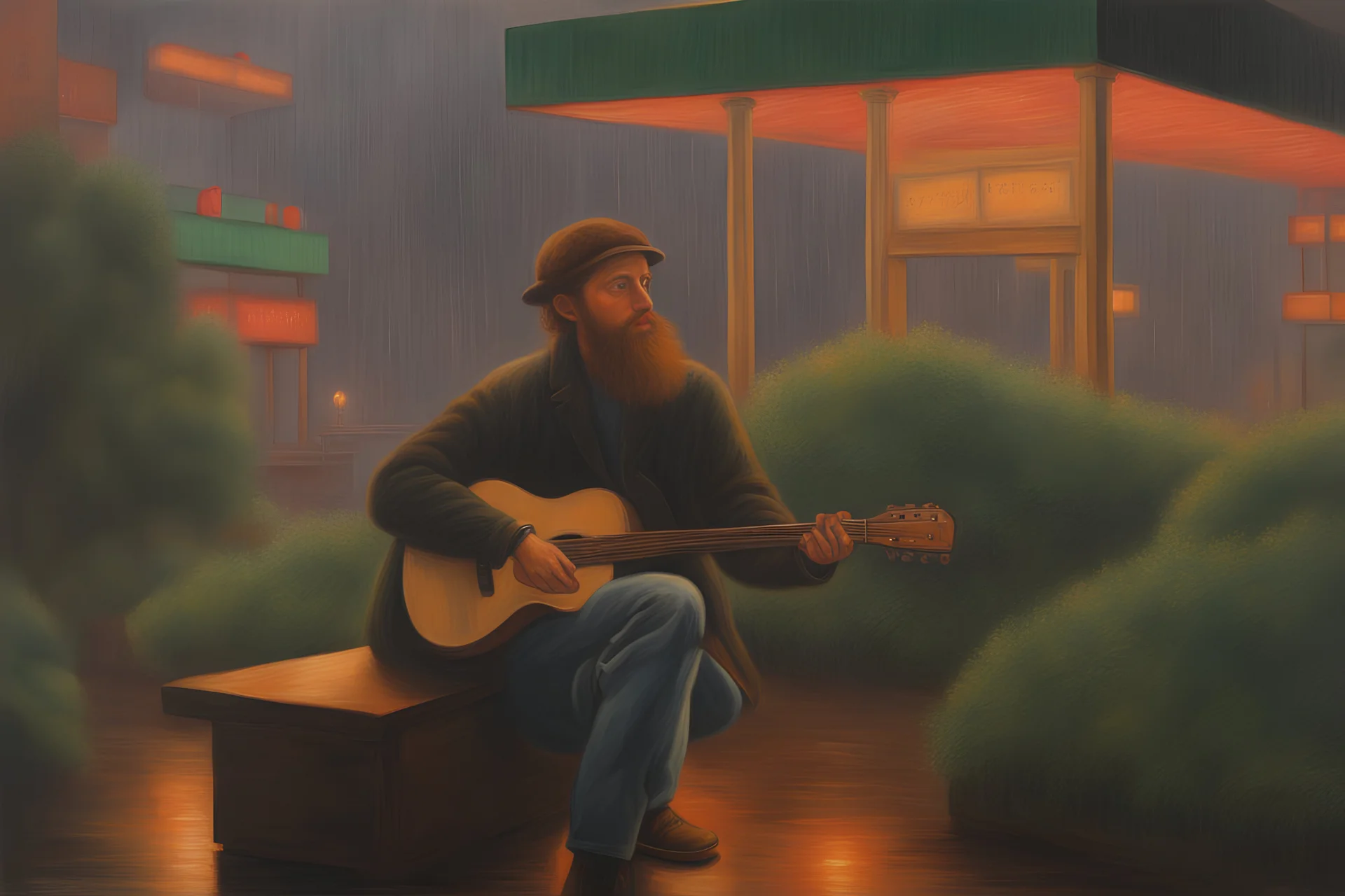 Joachim Patinir oil painting a dreaming young beard colored punk guy looks guitars in the pop '80s Mall lights during rainy day oil painting art