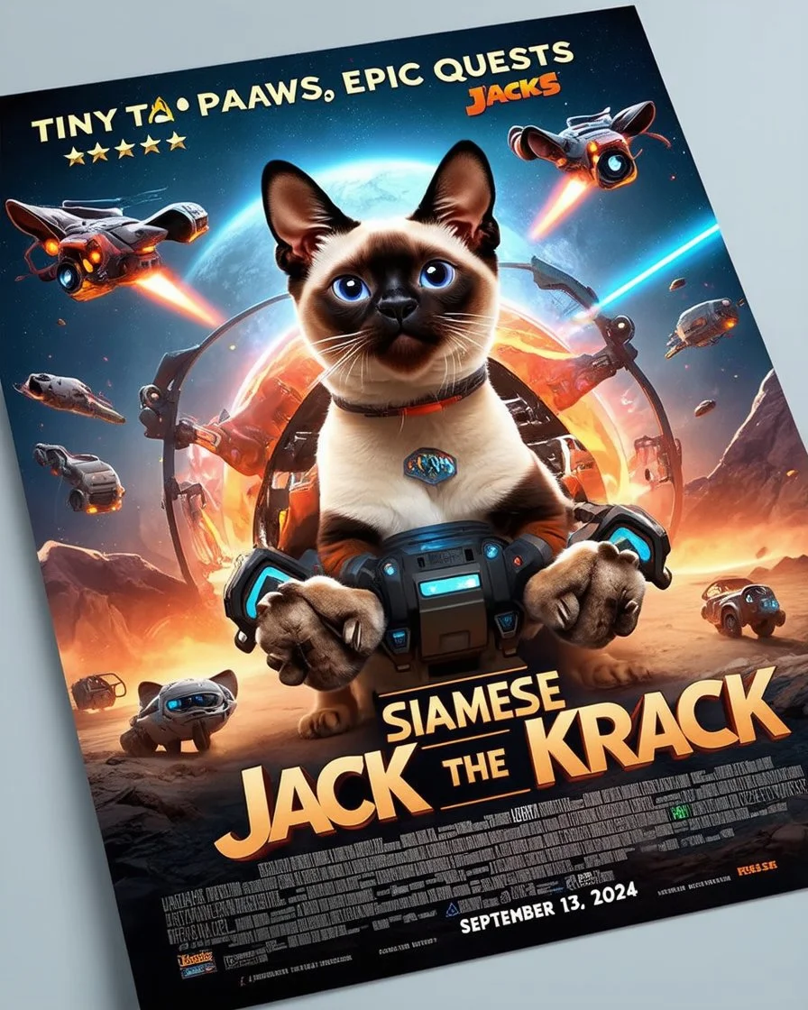 Create a realistic movie poster for 'Siamese Jack the Krack' featuring a siamese in an adventurous setting, with futuristic elements, dramatic lighting, and the tagline 'Tiny Paws, Epic Quests: Unleash the Adventure with Siamese Jack!' with a release date of September 13, 2024