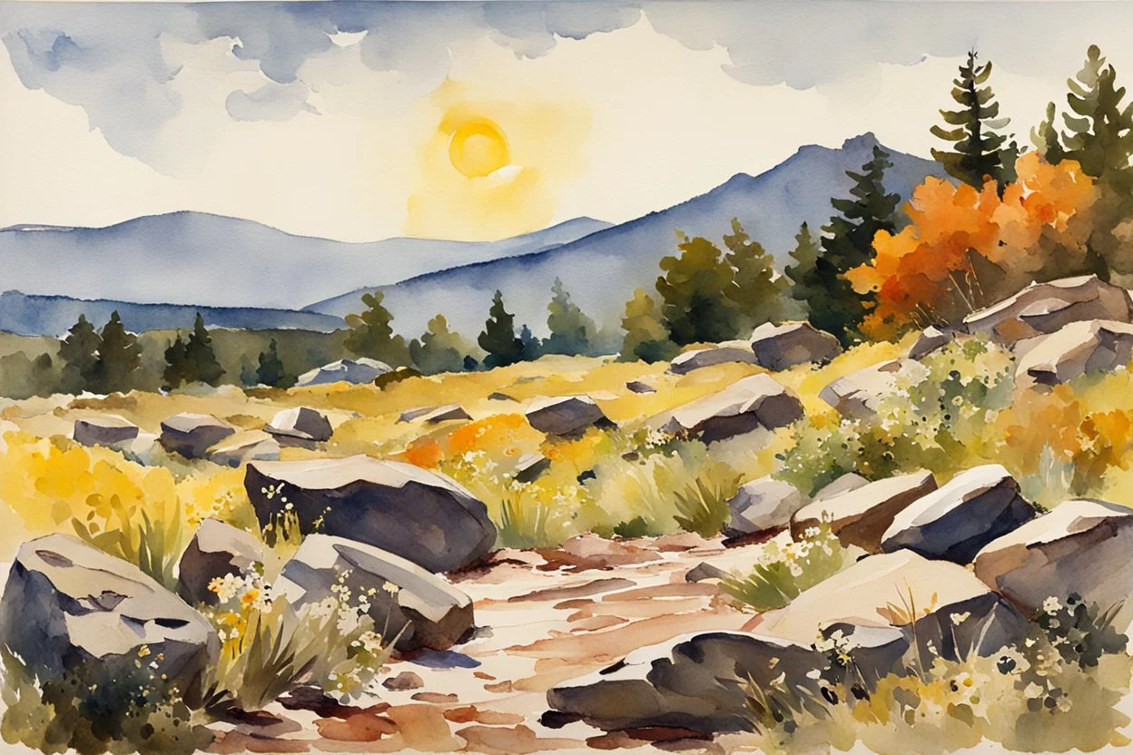 Sunny day, spring, rocks, mountains, epic, winslow homer watercolor paintings