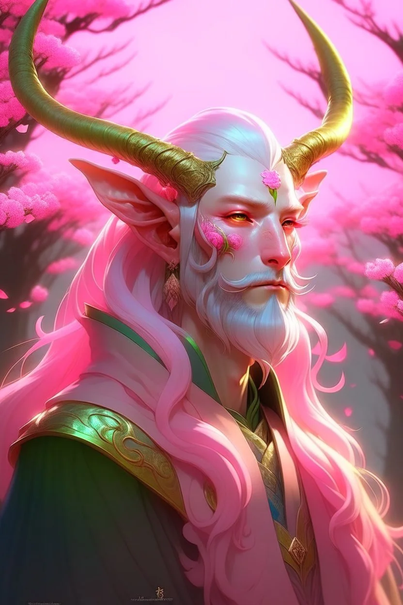 Pink hair spring cherry blossom Eladrin Male antlers druid beard