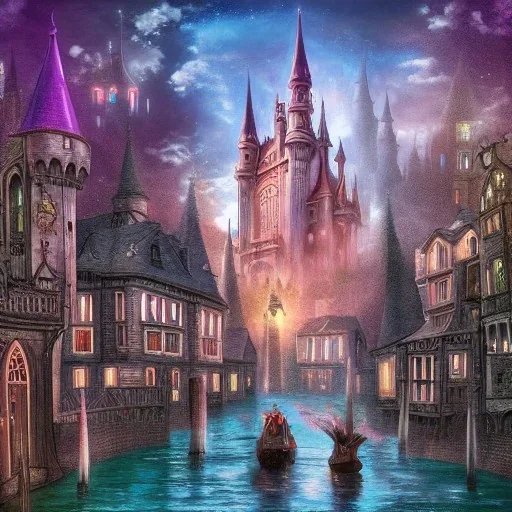 A magical gothic canal city of wizards, witches and warlocks with a castle Nick Harris style