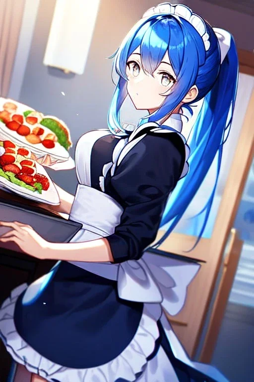 girl, masterpiece, best quality, cinematic lighting, detailed outfit, vibrant colors, perfect eyes, blue hair, long hair, white eyes, ponytail, maid, indoors, looking up, food,