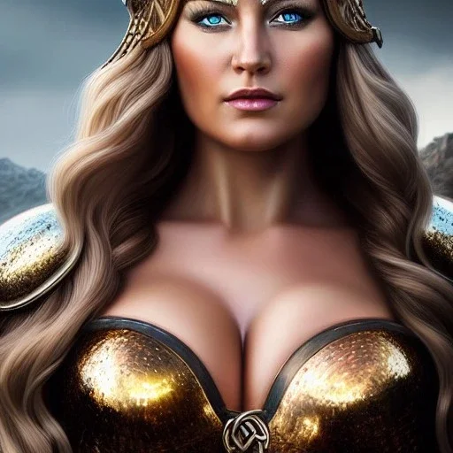 Ultra detailed fullbody Portrait in oil on canvas of beautiful busty female Viking with armor,helmet,extremely detailed digital painting,ultrarealistic skin,intense stare, extremely detailed face, crystal clear eyes, mystical colors ,perfectly centered image, perfect composition, rim light, beautiful lighting,masterpiece ,8k, stunning scene, raytracing, anatomically correct, in the style of Simon Bisley and Ohrai Noriyoshi and robert e howard and Steve Jung and Wizyakuza and uncannyknack.