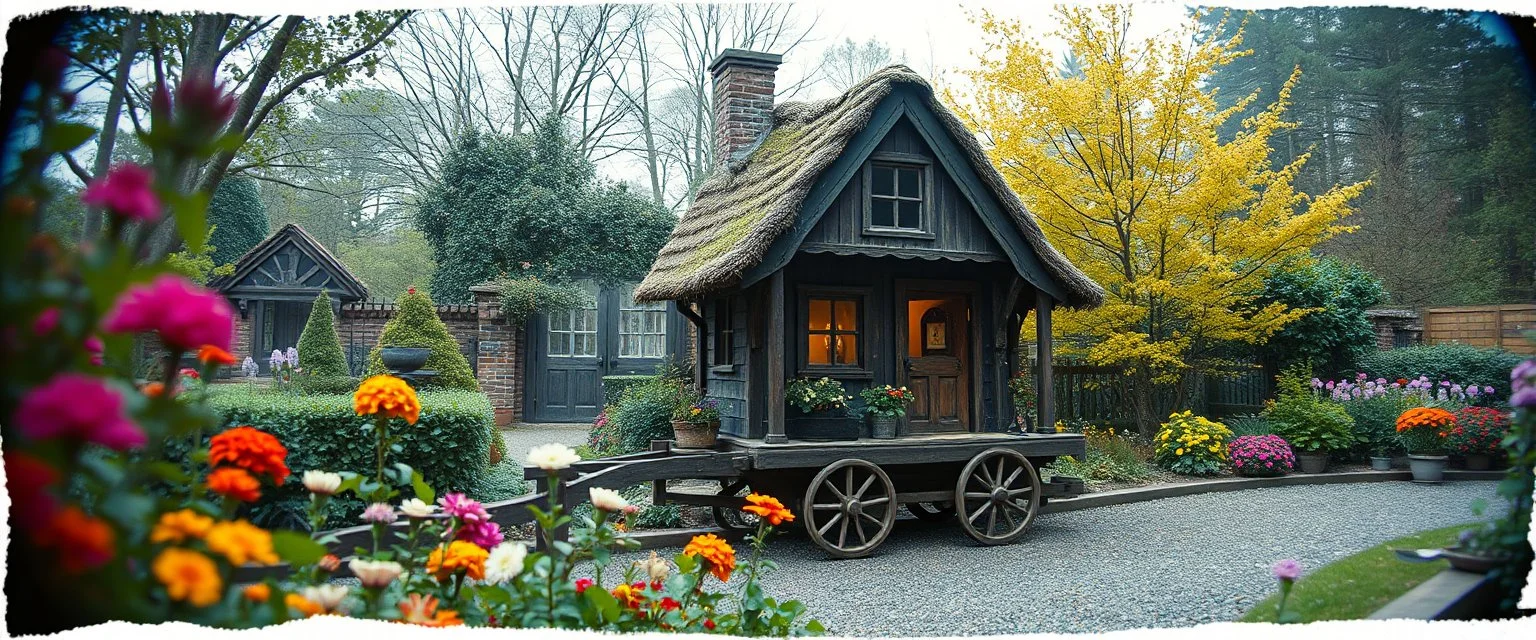 darkest gnome wheelbarrow train house in bright garden , pinhole cam, airbrush 3d rendering, in the style of John Atkinson Grimshaw , torn edges on border