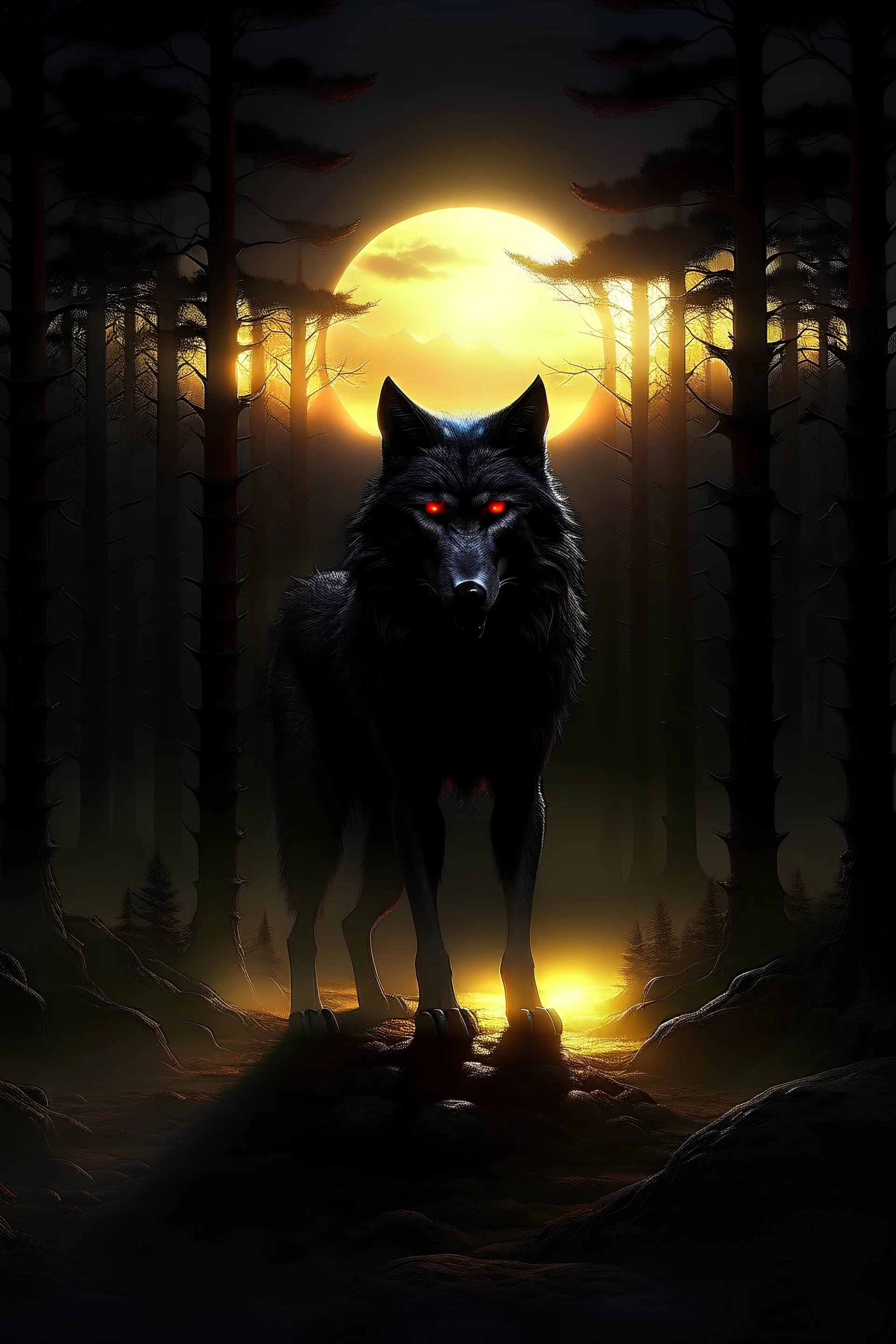 Digital art, high quality, digital masterpiece, natural illumination, spotlight, sunset, sunset illumination, realistic, film style, beautiful, (full body:3), (1 dark werewolf:3), (happy face:1.8), (Red eyes:1.5), (Dark castle:2), (Dark forest:1.5), Gothic film style