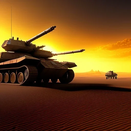 volumetric Wide desert battle view painted by chris foss of Military hovertank from the future, 4k, 8k, Minutiae, highly detailed, render, rivets, hovering, axles, stripes, sunset stormy, nimbus clouds