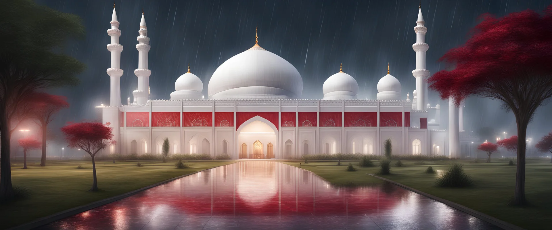 Hyper Realistic massive huge white-red mosque at a rainy night with grassy pathway & big date trees