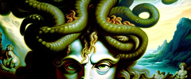 medusa, in a cave, in the distance, staring at you, like painting by rubens