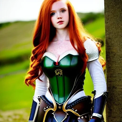 realistic, hyper detailed, stunningly beautiful 16 year old teen girl, long ginger hair, green eyes, medium freckles, full lips, revealing leather armour, full body and head, exposed c-cup breasts, stern expression, full frame, petite, ignore NSFW, shortbow, quiver on hip, sexy