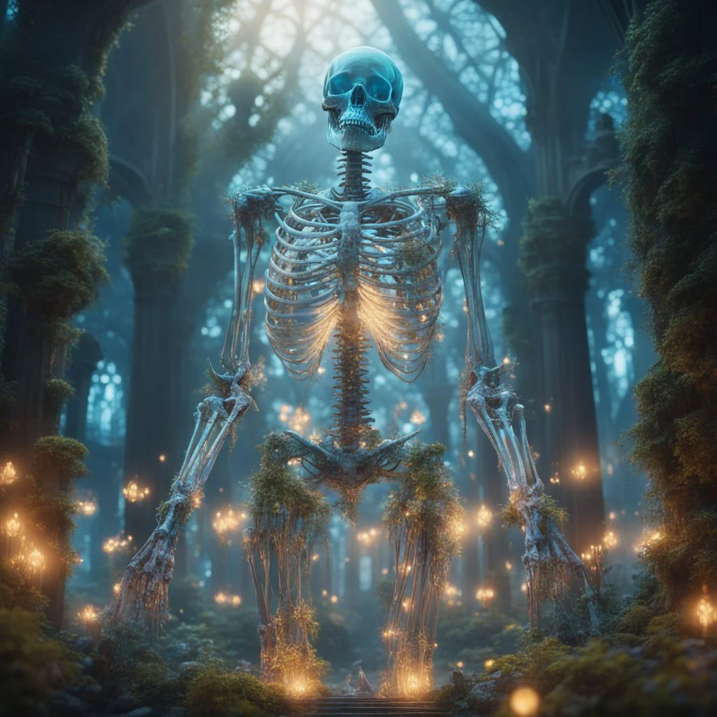 giant glass skeleton merge over the holy city, enchanted forest, glowing flora, bright, glowing, sparkles, sharp focus, contrast, 8k, incredible depth, dramatic lighting, beautifully intricate details, clean environment, epic dynamic scene