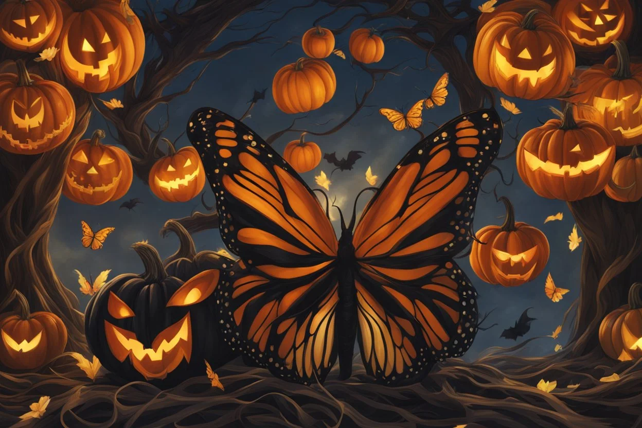 Monarch venom in anime artstyle, pumpkin, halloween them, close picture, fantasy world, intricate details, highly detailed, high details, detailed portrait, masterpiece,ultra detailed, ultra quality