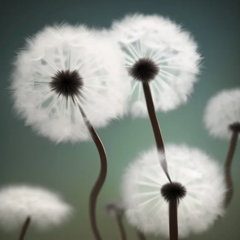 a small, fluffy dandelion on fire at the middle left part of the picture, dreamlike minimalist art with a lot of white space around it