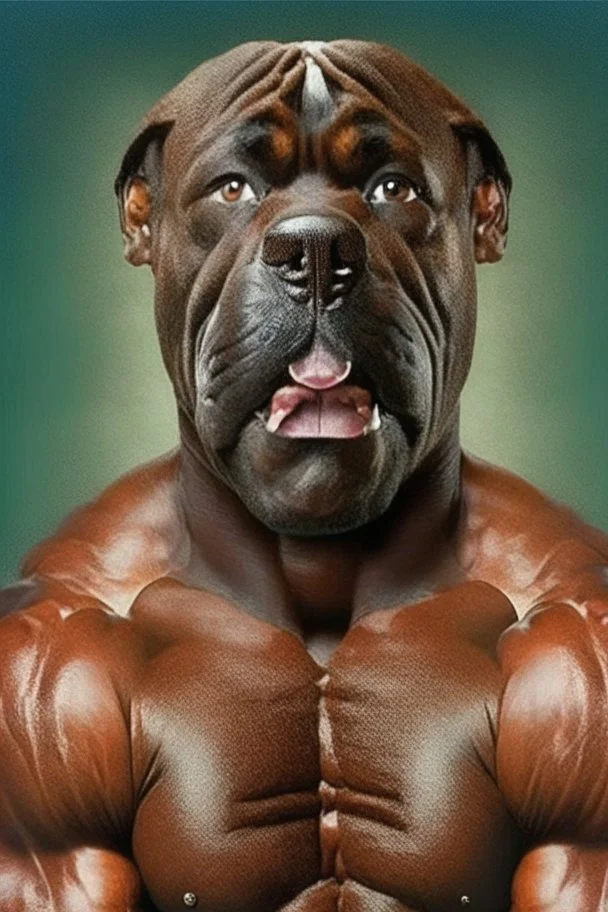 Bodybuilder Lee Haney with the face of a Rottweiler dog A dog's head instead of a person's head Only the player's body with a bulldog head on it