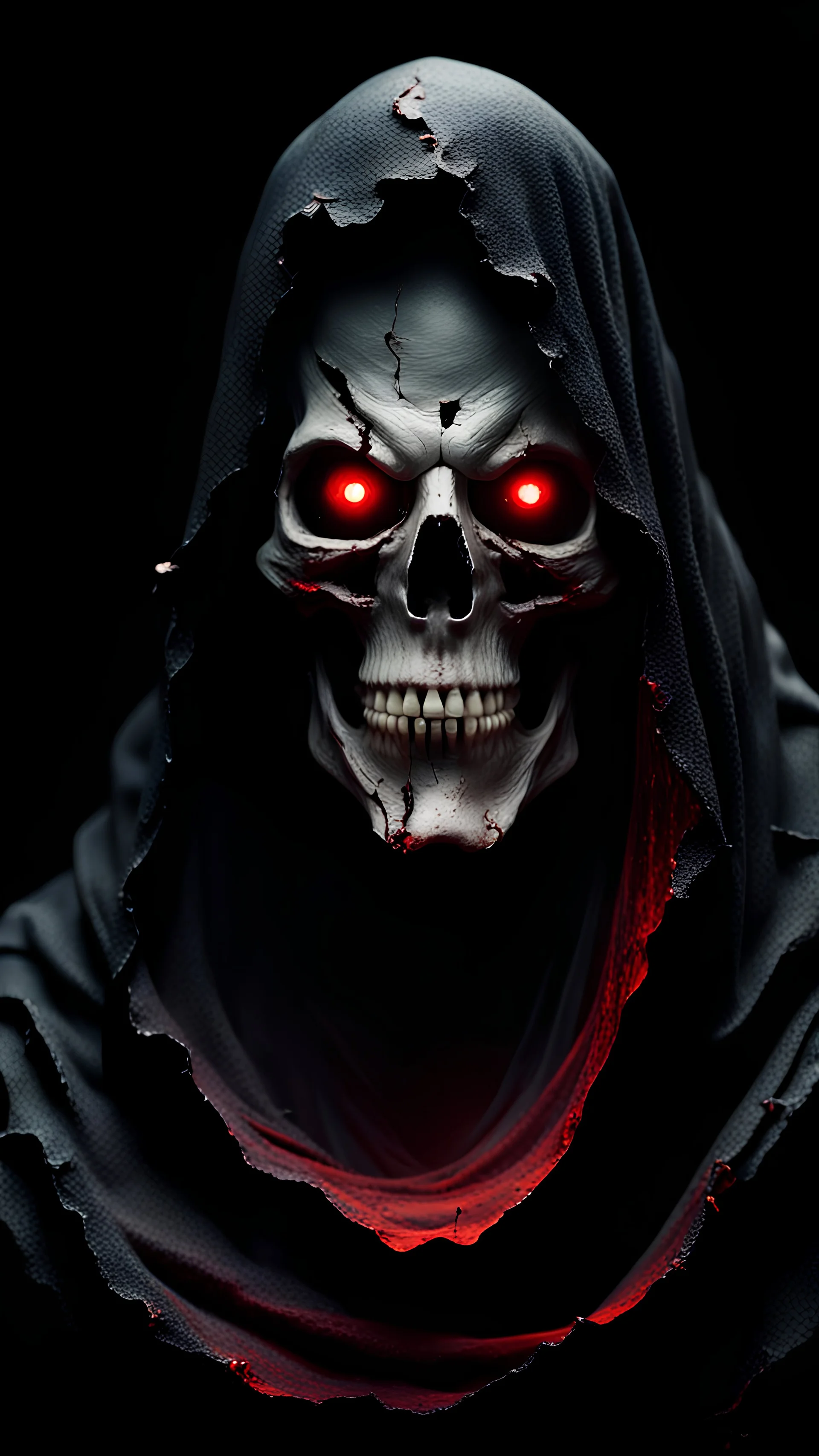 Horror cinematic ominous scary huge figure in a black torn mantle fluttering in the wind. The figure's face looks like a old skull. red burned eyes look straight into the soul. Black background.