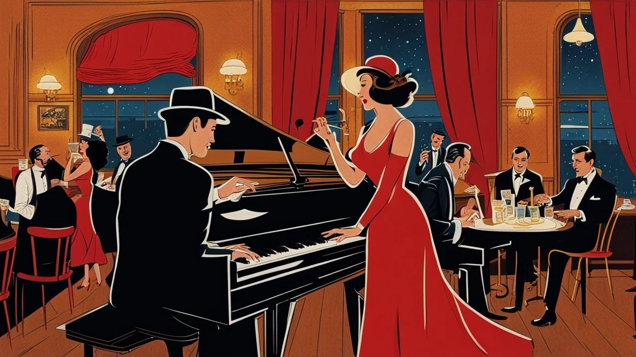 in a 1960s American jazz pub a man in hat and dark suit playing the piano , next to the piano standing and singing a beautiful woman in red dress . The atmosphere is warm happy and intimate, with soft, golden lights casting a glow over the wooden tables and chairs. Guests in retro attire enjoy their drinks and cigarette smoke gently swirls in the air. The intricate details and sharp focus , photorealistic