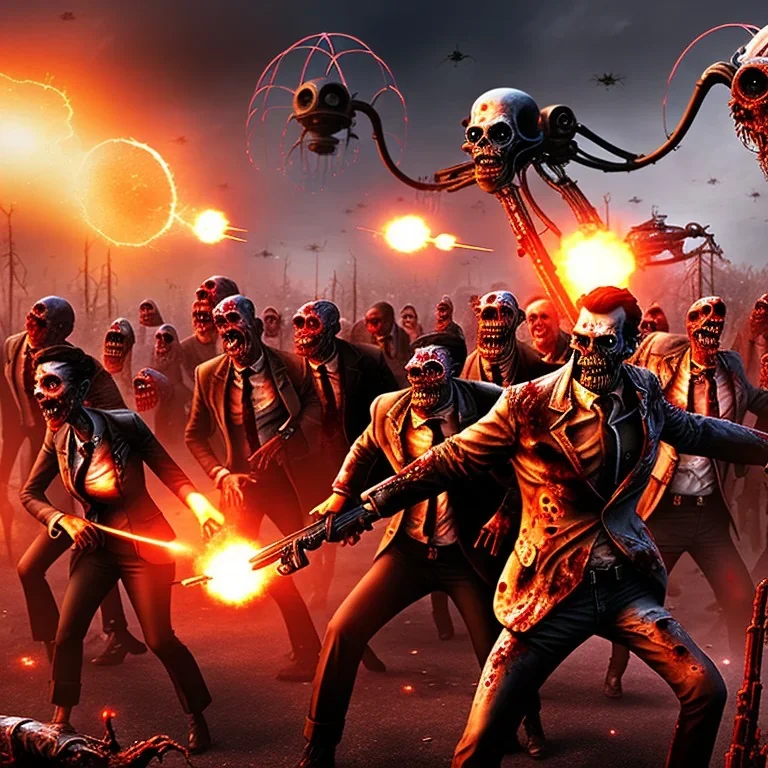 Zombie horde, explosions, earthquake, brown, red, guns, bullets, mutants, war of the worlds, cyborg