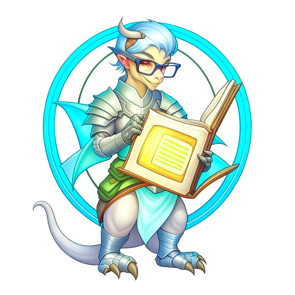 A dragonoid human with grey scales and large glasses along with a long, flexible tail, studying a magical shield in the shape of an octagon