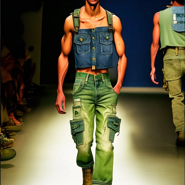 latin model catwalk wearing cargo jeans with patch jellow and green