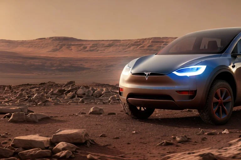 A Tesla 'Semi' (semi truck) is parked, at the Cydonia region on Mars. (CINEMATIC, WIDE ANGLE LENS, PHOTO REAL)