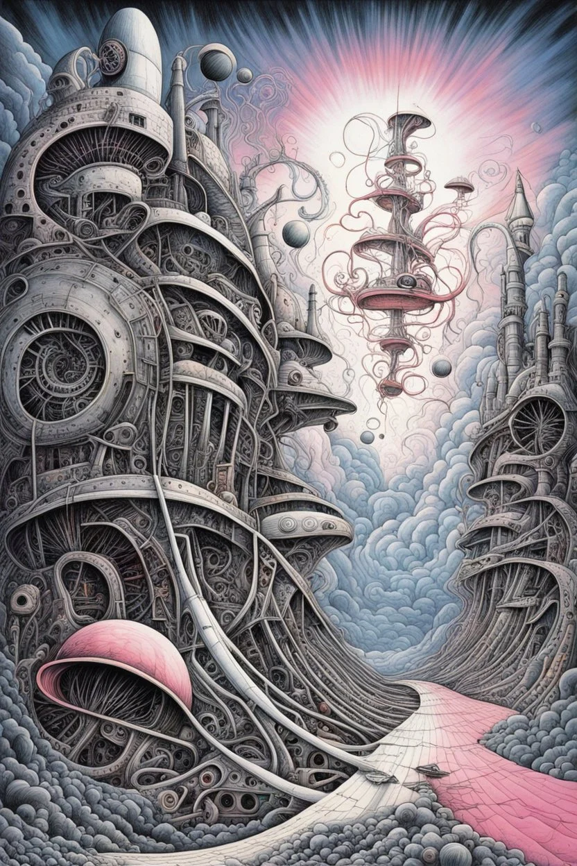 by Tomasz Setowski and Gerald Scarfe, Leaving the Machine, machine dreamscape, surreal tribute to Pink Floyd, Album art, ink illustration, sharp focus, surreal concept art, dark backgrround