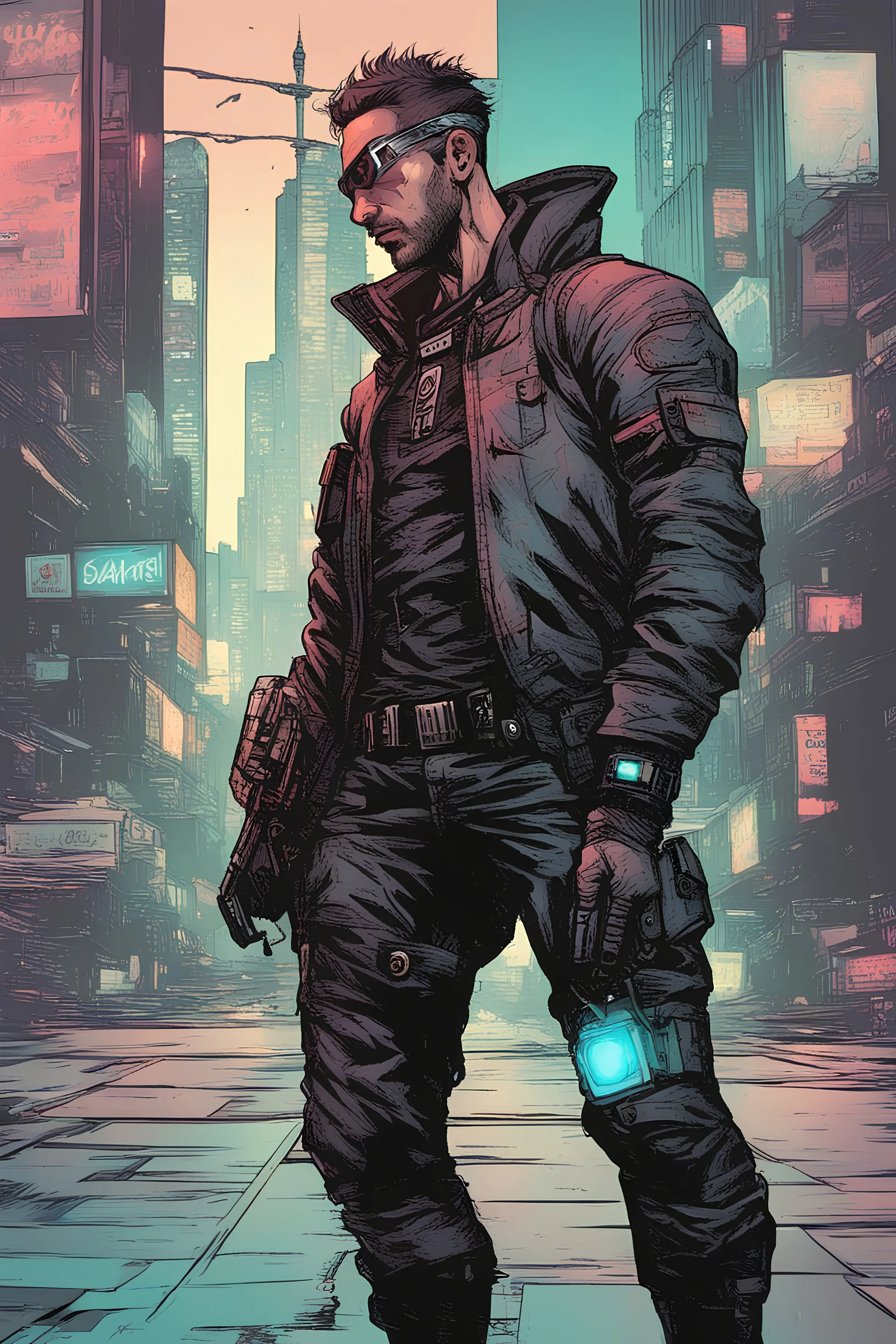 man, cyberpunk, comic book art style