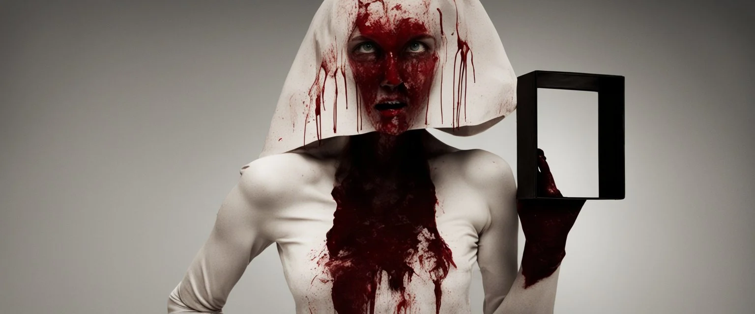 a faceless woman covered in blood holding up an empty black box