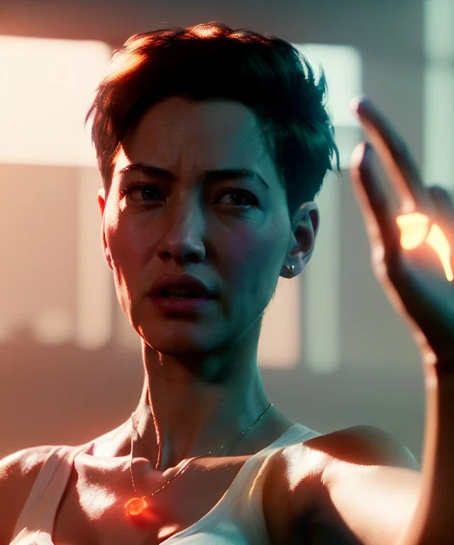 Ultra Realistic image, photo studio, medium shot view, a woman making the fuck off gesture, soft color, highly detailed, unreal engine 5, ray tracing, RTX, lumen lighting, ultra detail, volumetric lighting, finely drawn, high definition, high resolution.