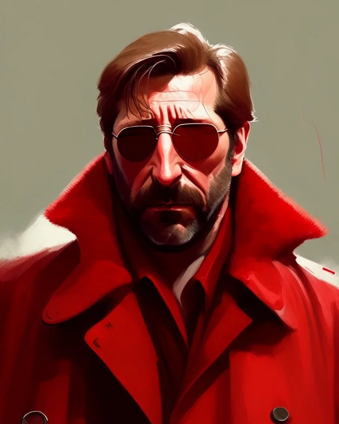 a man who looks like hans gruber wearing a trench coat and red sunglasses staring with a judgmental look on his face