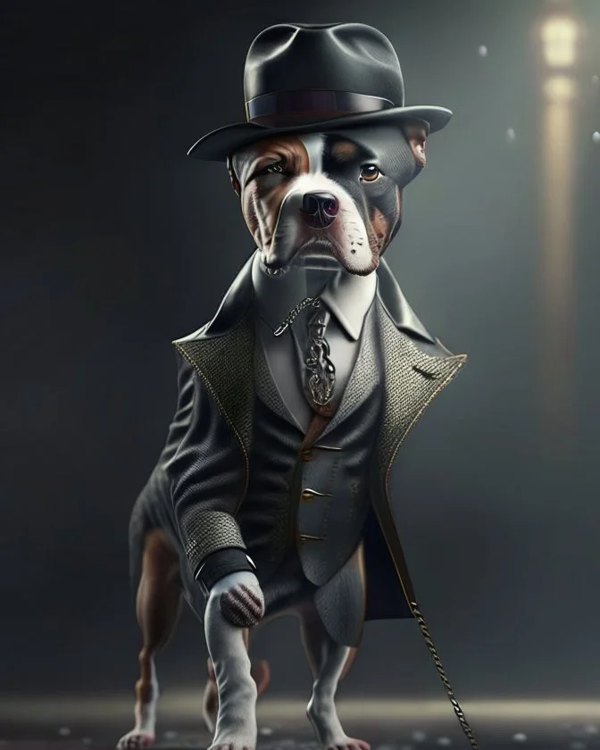 Perro medio humano con traje sombrero elegante detallado cuerpo completo pantalones zapatos 4k