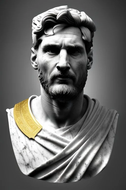 Ultra Realistic image, Roman sculpture, white marble material, Lionel Messi, gold Laurel leaves wreath, renaissance ornaments, one gold star, chisel style, waist up portrait, epic, celestial, cinematic lighting, God light, god rays, 4k resolution, smooth details, ornate details, soft lighting, unreal engine 5, marble background.