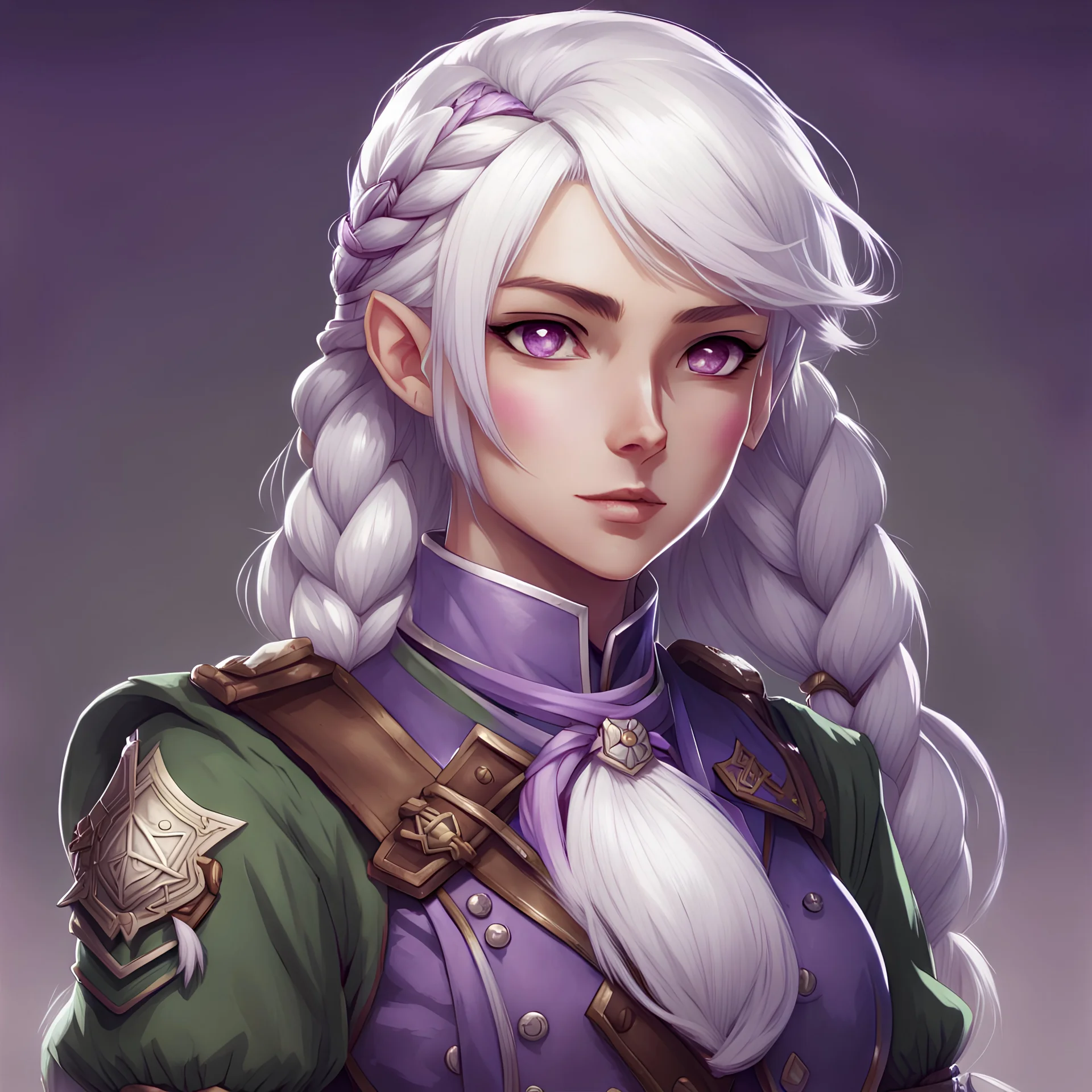 dnd, girl human, white hair, green military uniform, purple eyes, bard, stern, braid