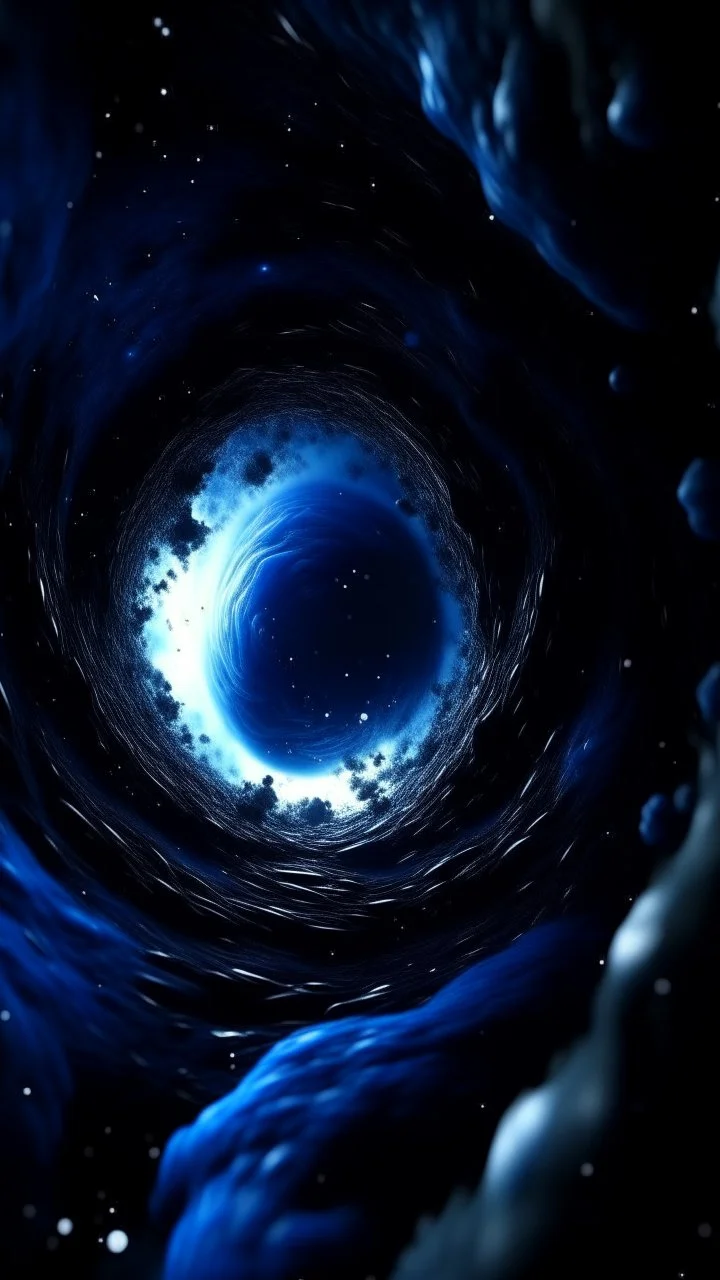 Intense cold dark blue Hole explosion in deep space. Hole apocalypse wipes out Universe. Cold blue cloudy hole collision explodes in outer space.a shape of devilish dark body with hood in the hole like sucked in side Epic galaxy with growing black hole. Cinematic interstellar