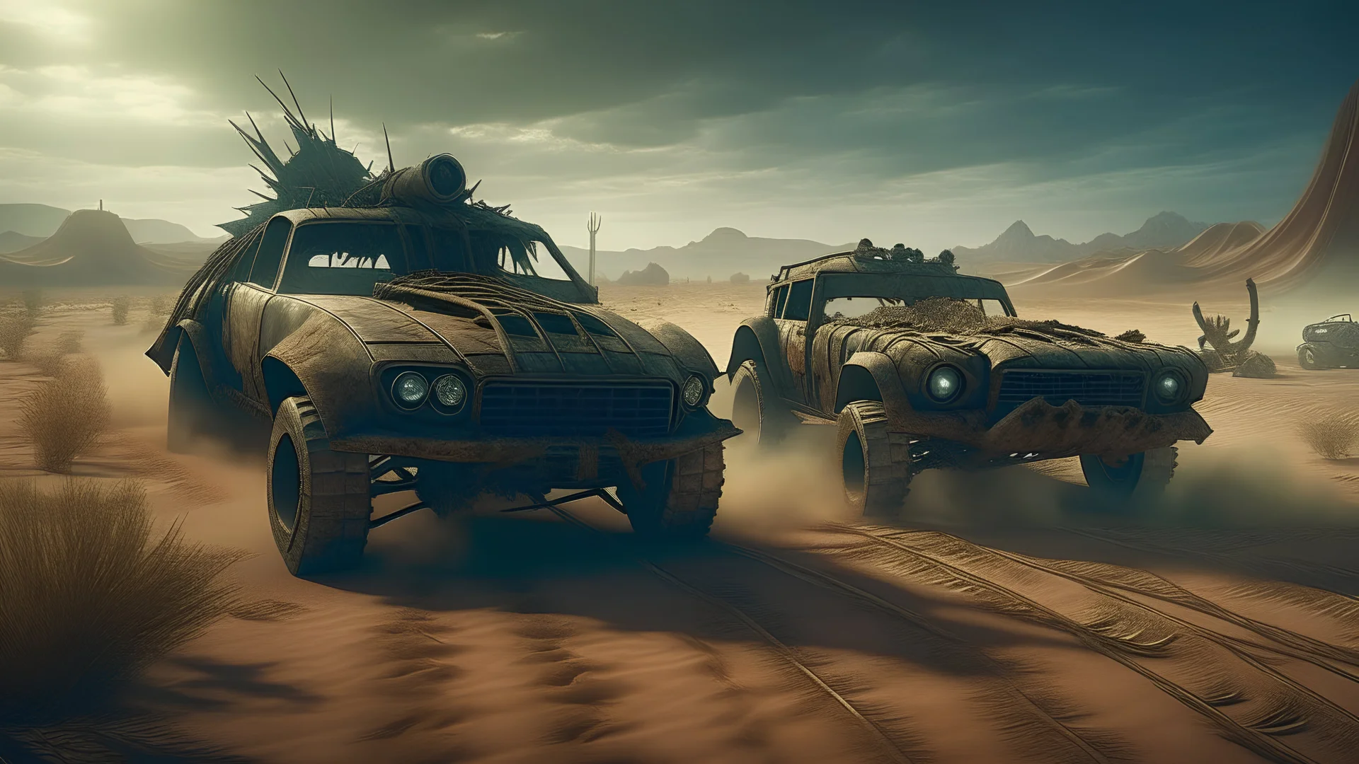 cars driving on the desert. mad max. borderlands. post-apocalyptic. concept art.