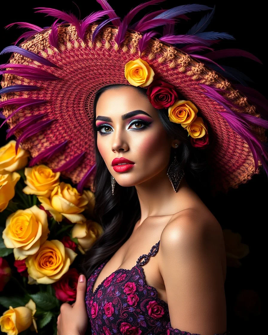 Photorealism Studio lightning perfection body beautiful pretty supermodel luxury glamours makeup artistic,wearing adorned large hat Mariachi mexican fashion Adorned Majestic feathers, fiery purples, deep blues, stark black bg, assortment of roses, full bloom, yellow, red, contrast, artistic flair, intricate details, textures, natural beauty, harmonious blend, adorned flowers background