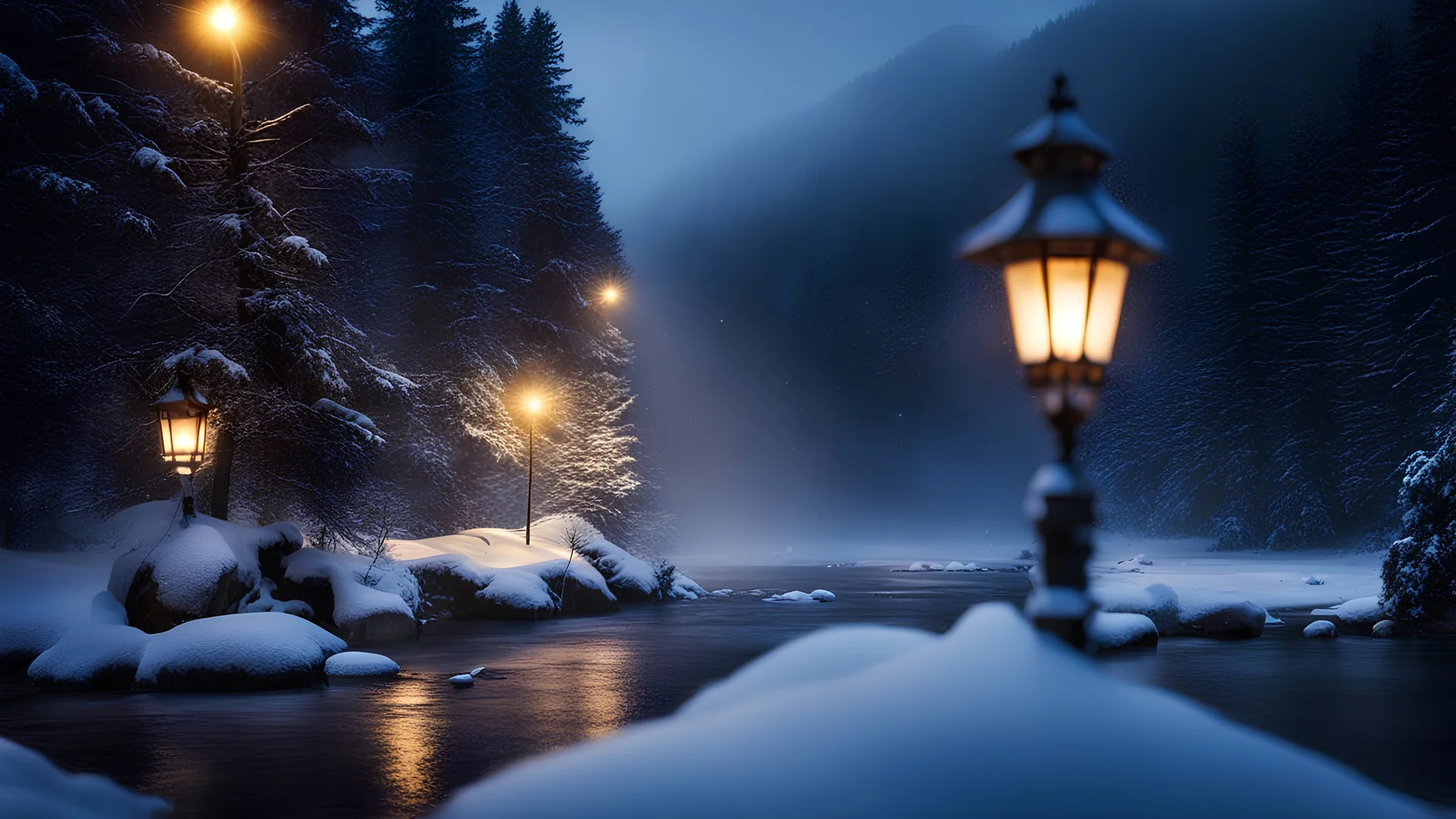 fir forrest scenery, heavy mist,valley,creek,forest,christmas lanterns,tree,,nature,night,snow,fir tree,high-quality photograph,photorealistic, shot on Hasselblad h6d-400c, zeiss prime lens, bokeh like f/0.8, tilt-shift lens 8k, high detail, smooth render, unreal engine 5, cinema 4d, HDR, dust effect, vivid colors,night