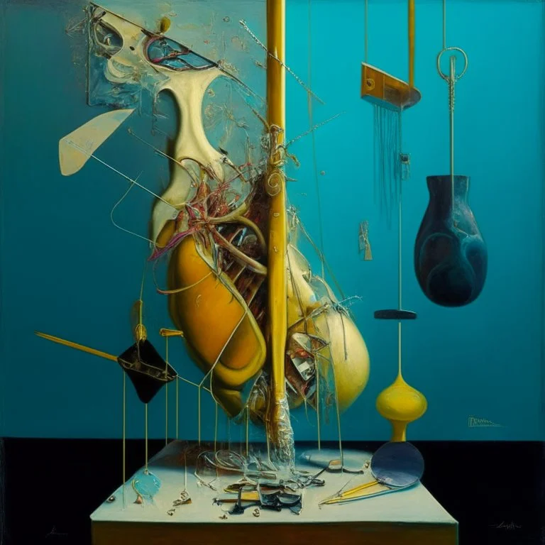 Abstract painting formed by a mix of human flesh-like surgical instruments and universe-like musical instruments,neuralink,minimalism,Painting By Adrian Ghenie, Rene Magritte, Salvador Dali, Lucian Freud