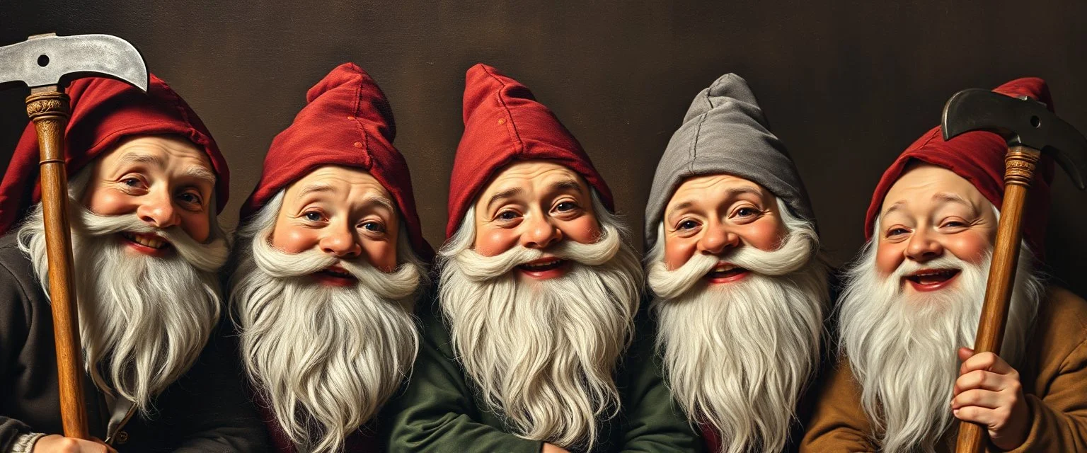 pin hole cam, master oil painting by Rembrandt, family portrait of smiling dwarves in fine clothes and with pickaxes laughing