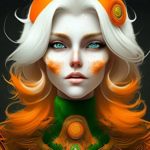 fantasy setting, woman, orange and white hair, wavy hair, freckles, ranger, more orange hair, more white hair, green eyes, more white hair, more white hair, a bit more orange hair