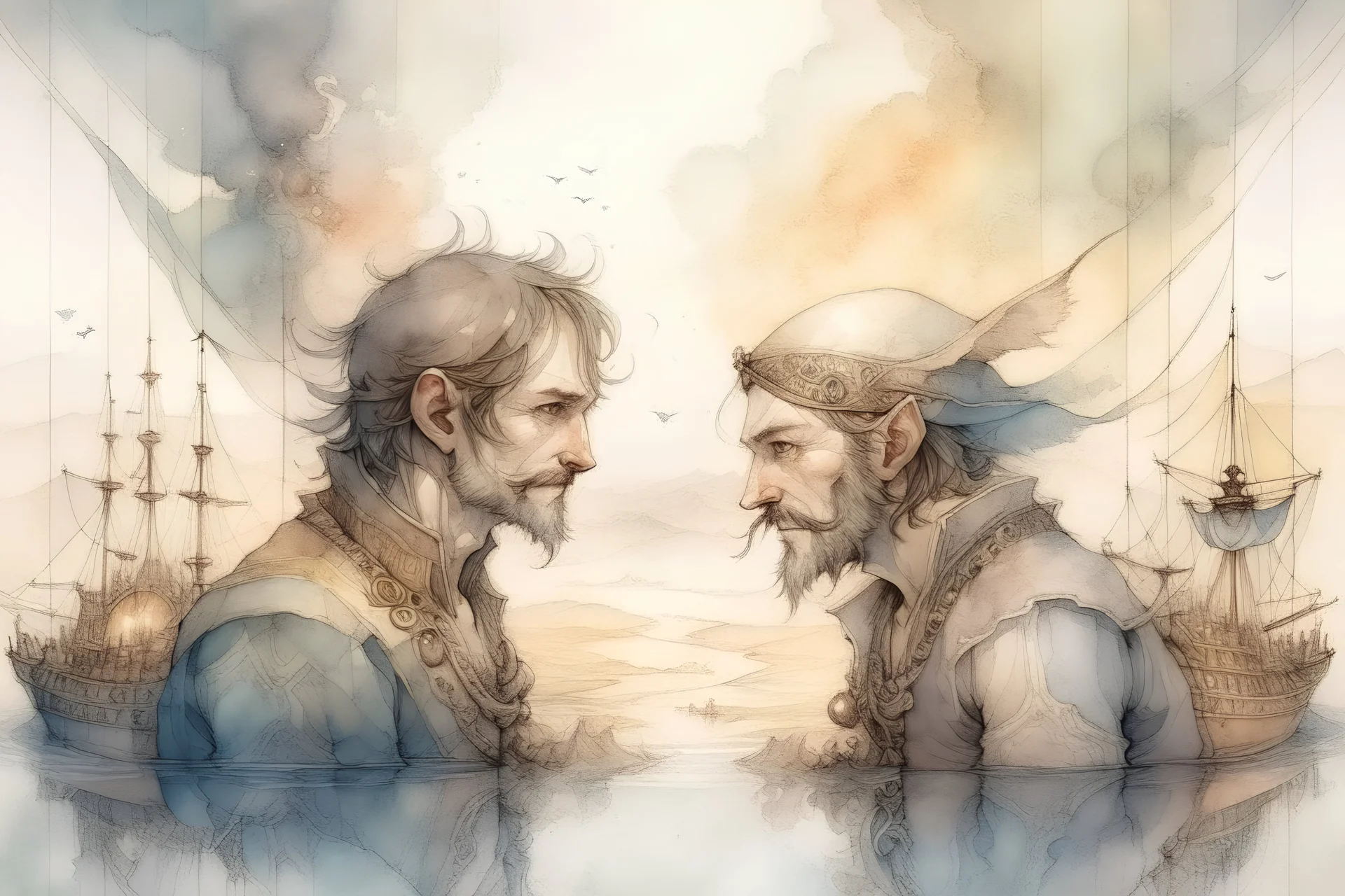 The place where the Dream and its followers live. A reflection of the sky. Watercolor, fine drawing of two fighting pirate men , pixel graphics, lots of details, delicate sensuality, realistic, high quality, work of art, hyperdetalization, professional, filigree, hazy haze, hyperrealism, professional, transparent, delicate pastel tones, back lighting, contrast, fantastic, nature+space, Milky Way, fabulous, unreal, translucent,