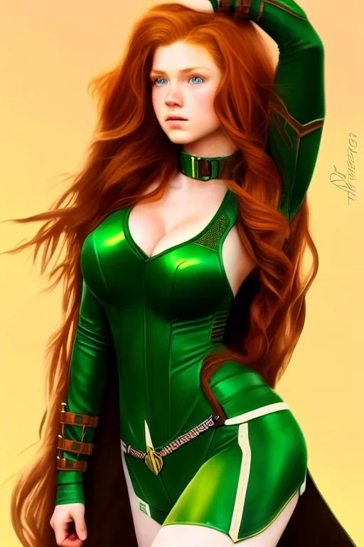 concept illustration, ultra-realistic, super-detailed, strikingly beautiful teen female, 16 years old, long ginger hair, green colored eyes, medium freckles, full lips, full body, full face, b-cup breasts, athletic, centred camera, ignore NSFW, skimpy armor, stern expression