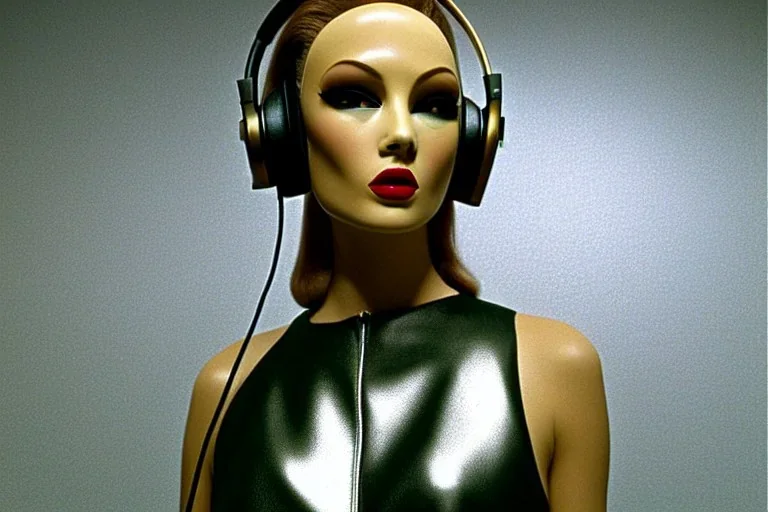 Photographic. Technological utopia. Machine, creamy fake skin, old-camera-eyes. 3D-tiling on the adaptive background. Lightly armored. Bio-punk full-mask. Lay figure woman is Surreal. Haute Couture 1990's. Light from right. Colors are silver, olive, terracotta and black. Old AKG headphones, golden rings & disc. Logo. Thick tights. Thick calves. Curved fell. Wide hip. Tron Movie. Countermove. No hairs! The Matrix clothes made of lamb wool. Daft Punk. Biological recycling method.