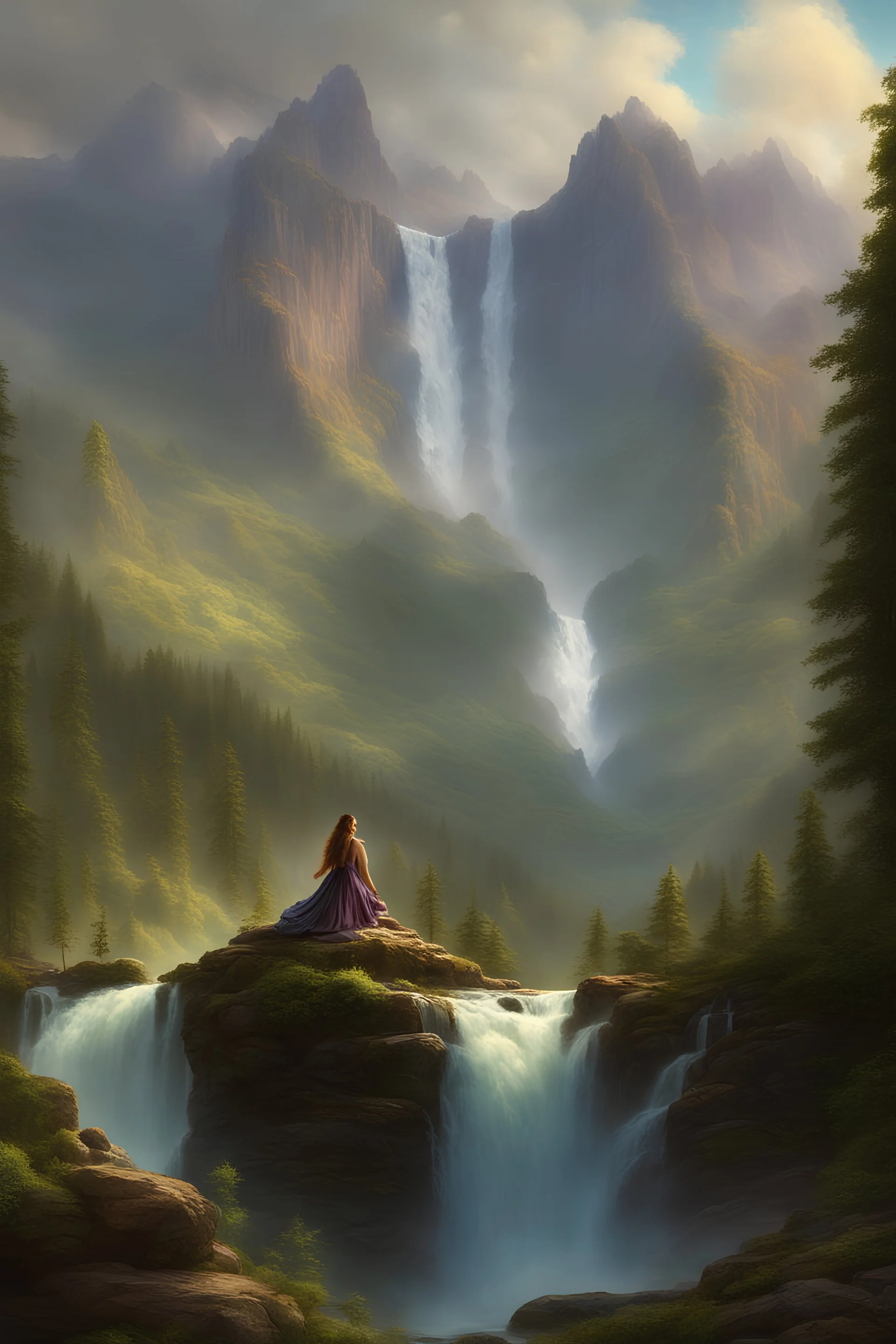 a Beautiful giant Goddess sits overlay with a majestic mountain range, with a cascading waterfall and lush greenery, in the style of Albert Bierstadt and Thomas Moran, with a sense of grandeur and awe-inspiring beauty.