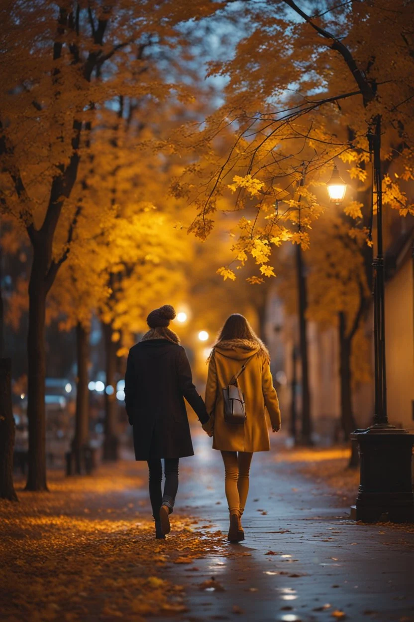 night yellow lights over the street trees autumn leaves under feet ,a Student adult girl with books in her hand walking in street looking to camera her boy friend flowing her with few steps away