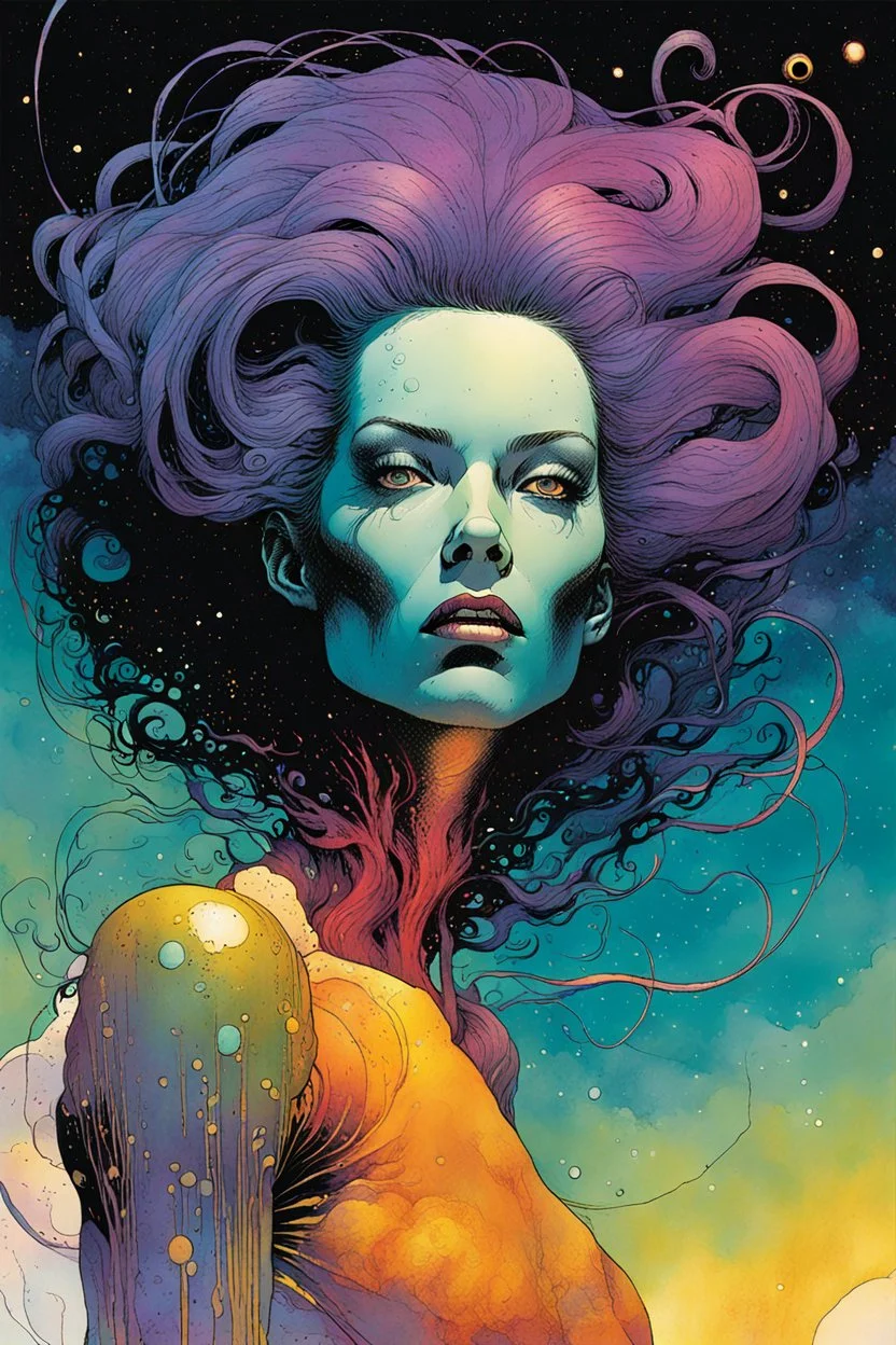 create an imaginative hybrid female extraterrestrial being with finely detailed facial features, sinuous tentacle hair, filming the exploding chaos of a dying star, in the comic book art style of Bill Sienkiewicz, Mike Mignola, and Jean Giraud Moebius, finely textured, drawn, colored, and inked