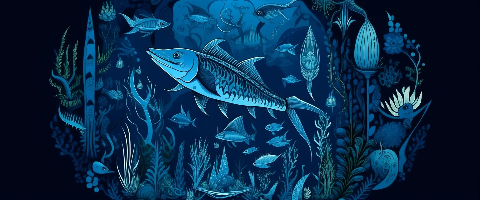 A dark blue underwater shipwrecked reef with swordfish designed in German folk art
